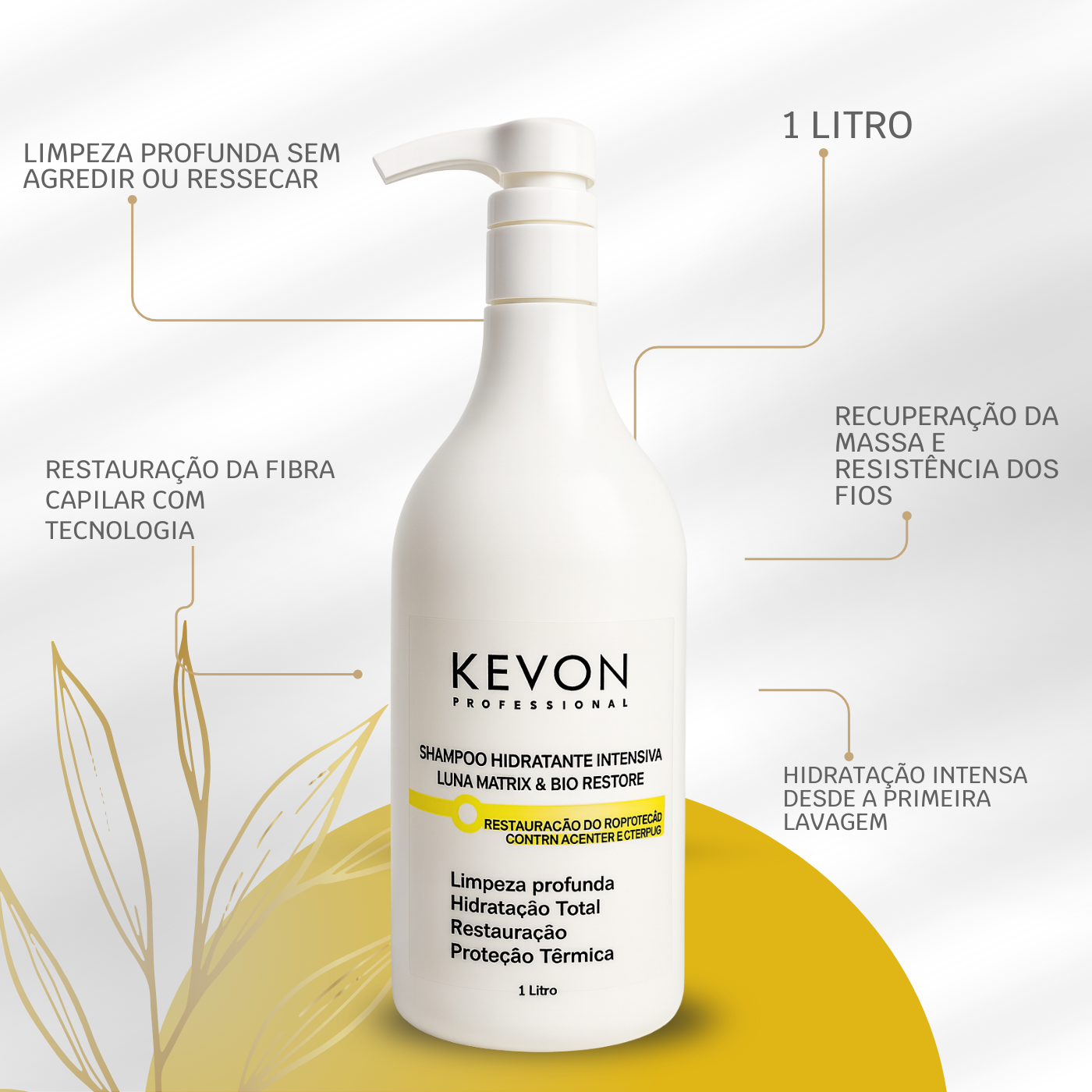 Shampoo Kevon Hidratante Intensivo Profissional 1L – Restauração e Hidratação Profunda
