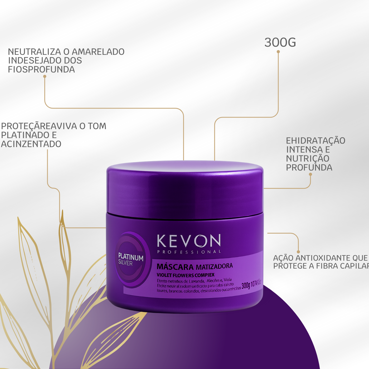 Máscara Matizadora Platinum Silver Kevon – Matização Intensa, Antiamarelado, Hidratação Profunda para Cabelos Loiros, Grisalhos e Descoloridos – 300g