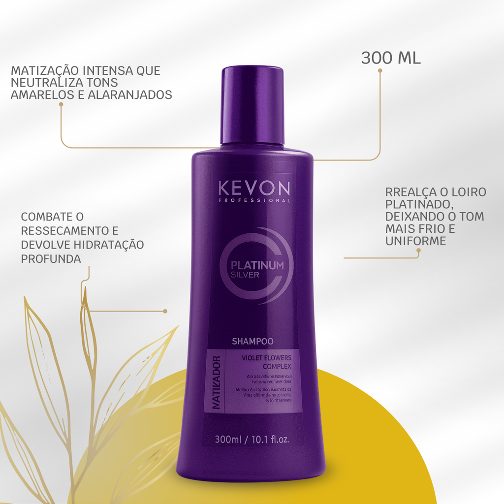 Shampoo Matizador Kevon Platinum Silver Efeito Antiamarelado com Brilho Luminoso 300ml