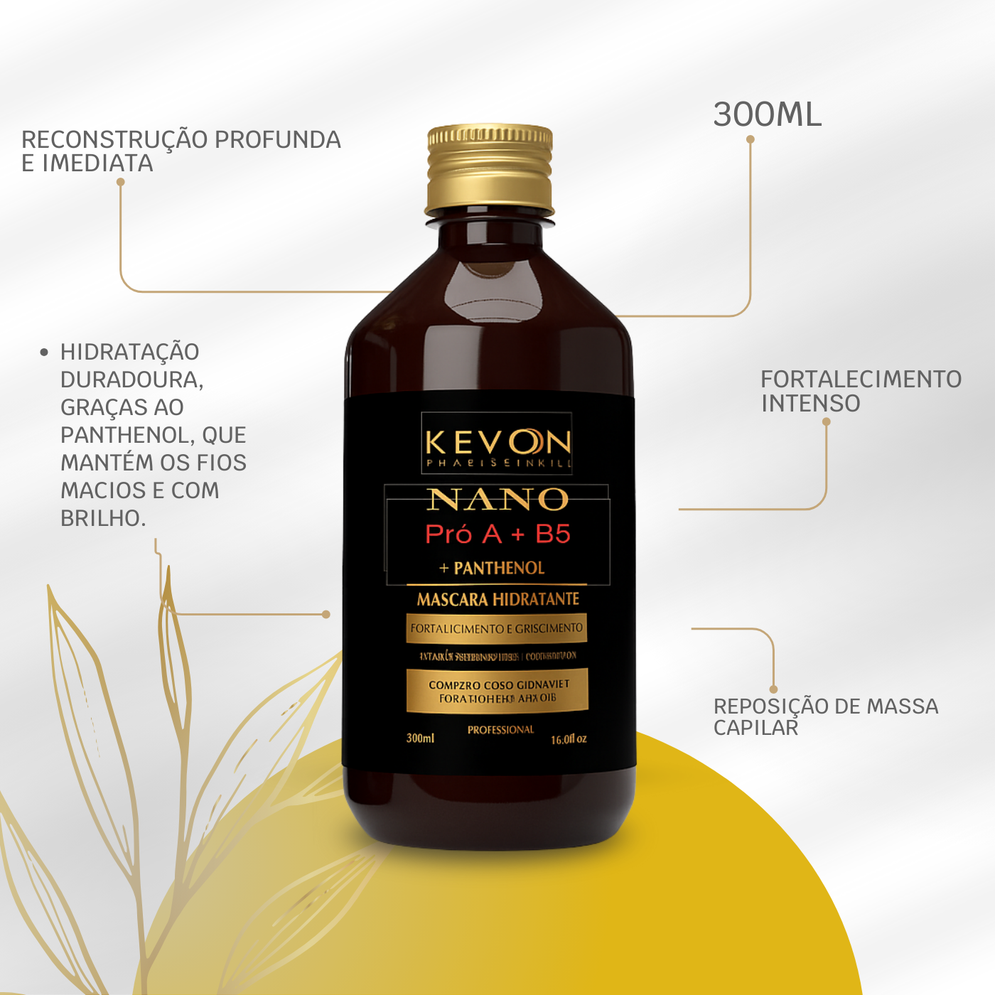 Máscara Reconstrutora Kevon Nano Pró A + B5 + Panthenol – Reconstrução Profunda, Força, Crescimento e Reparação da Fibra Capilar – 500ml
