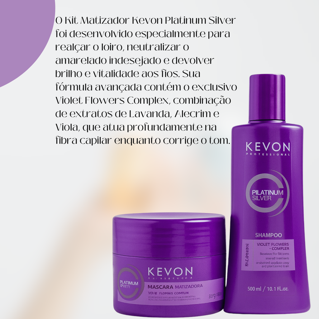 Kit Matizador Kevon Platinum Silver – Shampoo 300ml + Máscara 300g | Matização Intensa, Ação Anti-Amarelo e Hidratação Profissional para Cabelos Loiros