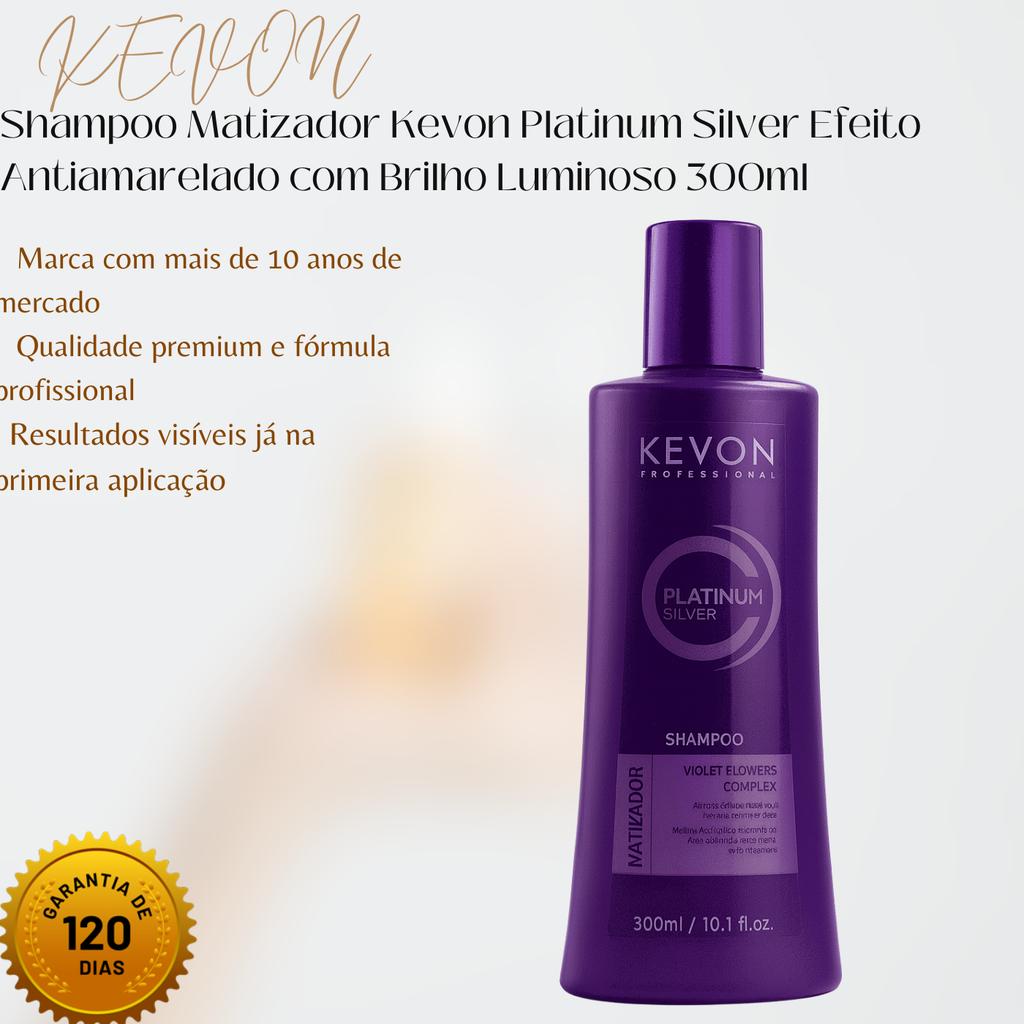 Shampoo Matizador Kevon Platinum Silver Efeito Antiamarelado com Brilho Luminoso 300ml