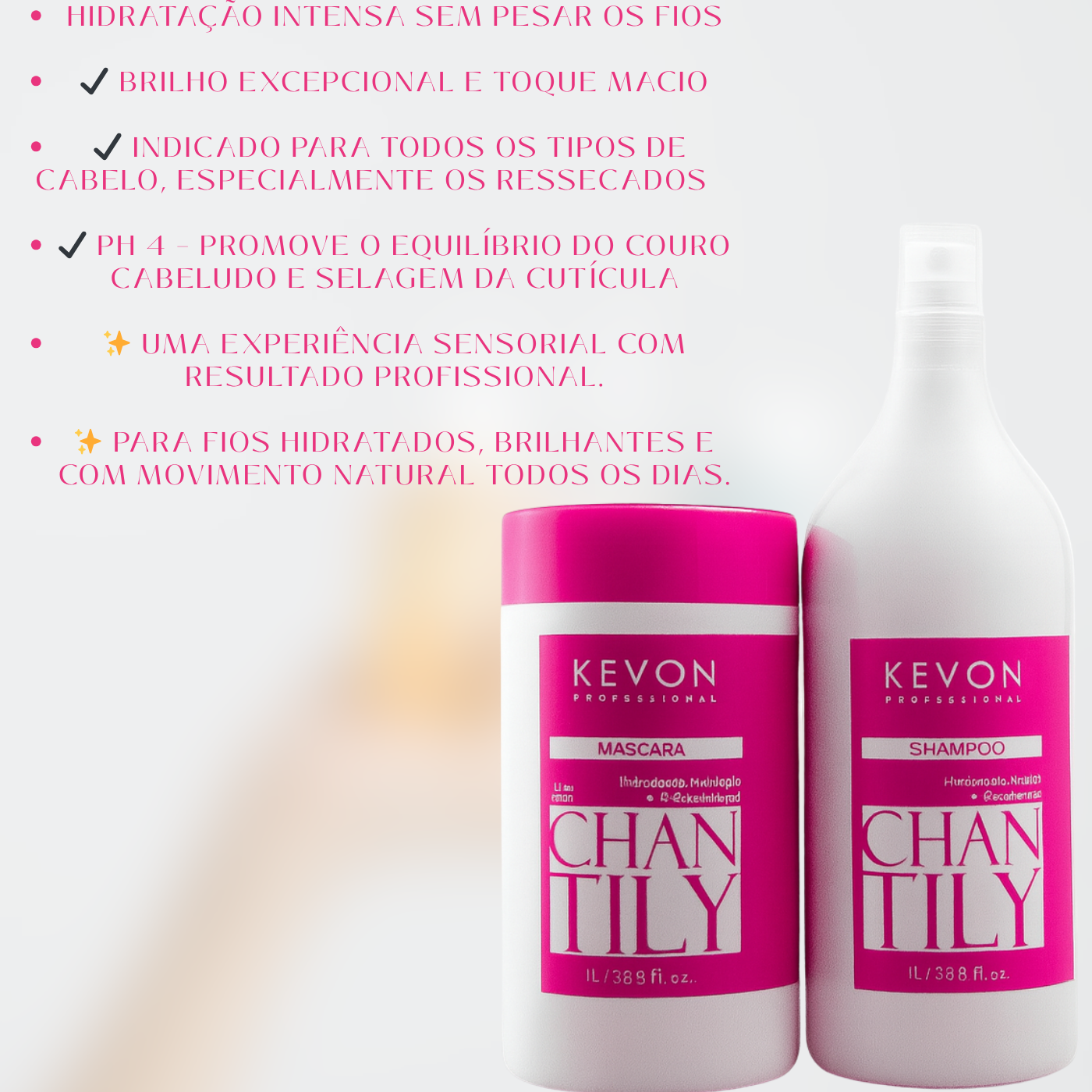 Kit Kevon Profissional Chantily - Shampoo 1L + Máscara 1Kg para Hidratação Profunda