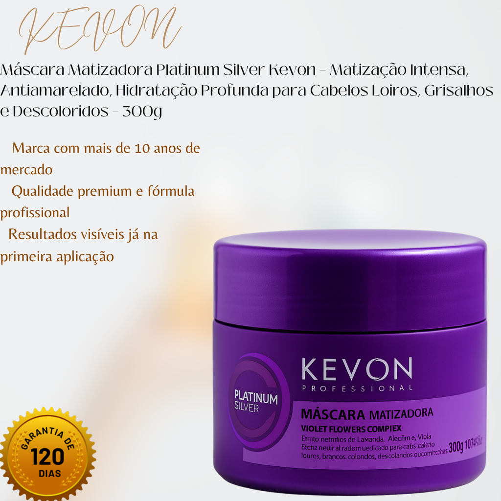 Máscara Matizadora Platinum Silver Kevon – Matização Intensa, Antiamarelado, Hidratação Profunda para Cabelos Loiros, Grisalhos e Descoloridos – 300g