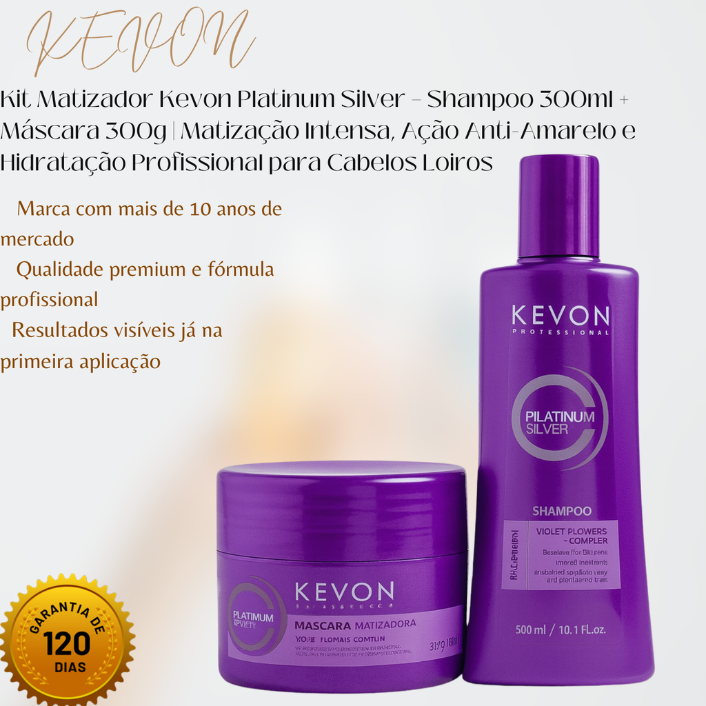 Kit Matizador Kevon Platinum Silver – Shampoo 300ml + Máscara 300g | Matização Intensa, Ação Anti-Amarelo e Hidratação Profissional para Cabelos Loiros